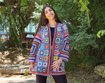 Blue Crochet Afghan Coat, Granny Square Afghan Cardigan, Knitted Crochet Coat, Patchwork Cardigan, Boho Cardigan, Long Oversized Jacket