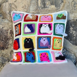 Crochet Cat Pillow Cover, Cat design pillow, Cat Figured Pillow, Granny Square Crochet Pillow Cover, Knit Pillow, Cushion Cover