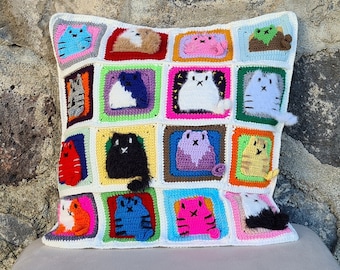 Crochet Cat Pillow Cover, Cat design pillow, Cat Figured Pillow, Granny Square Crochet Pillow Cover, Knit Pillow, Cushion Cover