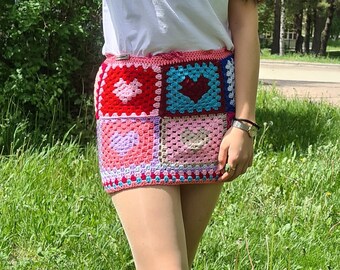 Crochet heart skirt, Colorful Festival knitted skirt, knitted women's skirt, granny square skirt, festival clothing, Granny Square Skirt