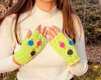 Ready to ship Green Crochet Fingerless Gloves, Knitted floral winter gloves, Half Finger Gloves, Womens Gloves, flower fingerless