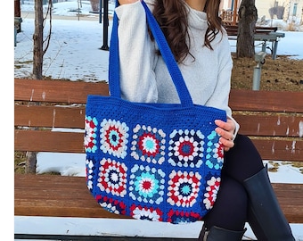 Crochet Blue Large Bag, Granny Square Afghan Bag, Crochet Purse, Women Bag, Knit Blue Bag, Market Bag, Gift For Her