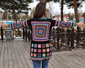 Crochet Afghan Coat, Granny Square Afghan Cardigan, Knitted Crochet Coat, Patchwork Cardigan, Boho Cardigan, Long Oversized Jacket