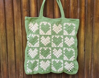 Crochet Heart Bag, Granny Square Green Bag, Heart Bag, Love Bag, Hobo Bag, Boho Bag, Crochet Purse, Retro Bag, Hippie Bag, Afgan Crochet