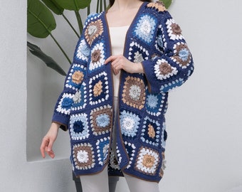 Ready to ship Blue Crochet Floral Cardigan, Daisy knitted cardigan, Granny Square Afghan Jacket, Flowers Patchwork Jacket, Long Oversized