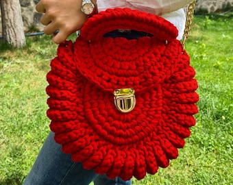 Crochet Bag, Handknit Macrame Bag, Granny Square Red Bag, Crochet Macrome Bag, Boho Bag, Crochet Purse, Retro Bag, Hippie Bag