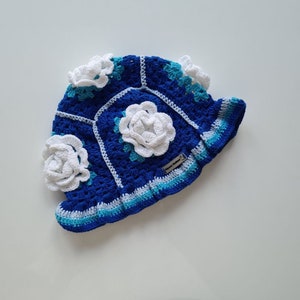Blue hand knitted hat, crochet beanie rose hat, teen crochet hat, Knitted Rose Bucket hat, knit flower beanie, summer hat