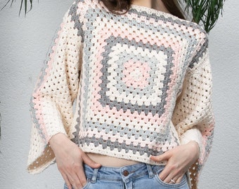 Beige Crochet Sweater Women, Granny Square Sweater, Crochet Boho Top, Knitted Crochet Sweater, Boho Style Sweater, Hippie Festival