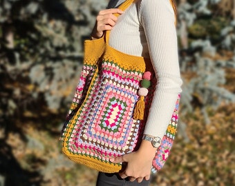 Mustard Crochet Bag, Cute Grannysquare Colorful Bag, Crochet Tote Bag, Crochet Purse, Knitted Tote Bag, Knit Afghan Bag, Crochet Handmade