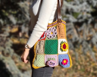 Crochet Daisy Bag, Floral Knitted Bag, Granny Square Bag, Crochet Afghan Bag, Crochet Purse, Hippie Bag,Afgan Crochet, Vintage Style