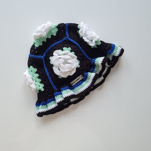 Black and white crochet bucket hat, adult crochet rose hat, Knitted Rose Bucket hat, Colorful bucket hat, flower beanie