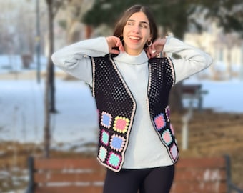 Black Crochet Vest, Granny Square Sweater, Knit Patchwork Jacket, Knitted Crochet Sweater, Women Dress