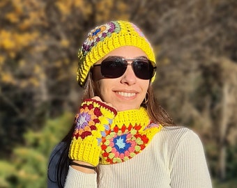 Ready to ship Yellow Grannysquare Winter Accesory Set, Handmade Knit Beanie, Grannysquare Gloves, Multicolor Collar, Crochet Accesory