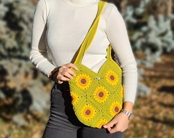 Grenn Crochet Bag, Sunflower Crochet Mini Bag, Shoulder Knit Bags, Floral Knit Bag, Grannysquare Bag, Crochet Purse, Knit Tote Bag