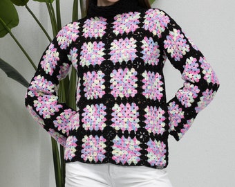 Ready to ship Colorful Patchwork Knit Turtleneck Sweater, Black Crochet Turtleneck Sweater, Granny Square Sweater, Turtleneck sweater women