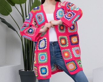 Ready to ship Pink Granny Square Crochet Cardigan, Woman Long Sweater, Afghan Patchwork Cardigan, Knitted Crochet Coat, Knitted Jacket