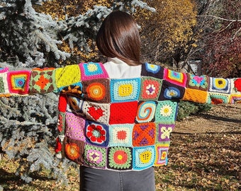 Cárdigan de patchwork, Cárdigan de punto de ganchillo, Cuadrado de la abuela de punto, Cárdigan afgano, Chaqueta de punto, ganchillo hecho a mano, chaqueta festiva hippie