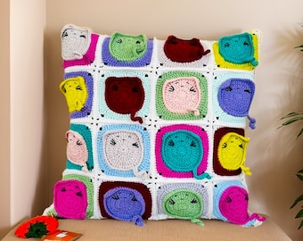 Crochet Cat Figured Pillowcase, Knitted Cats Square Cushion Cover, Cats Patchwork Throw Pillow, Crochet Pillow Cover