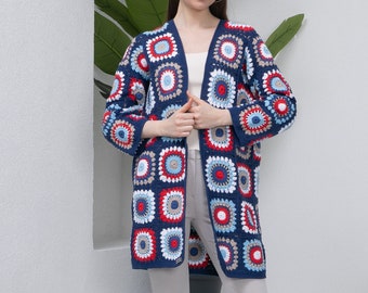 Navy Crochet Cardigan, Woman Patchwork Jacket, Knitted women Tunic, Knit Long Coat, Cardigan sweaters for women
