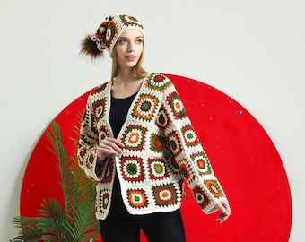 Beige Granny Square Afghan Coat, Boho Crochet Jacket, Afghan Crochet Cardigan, Oversized Jacket, Oversized Cotton Coat