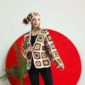 Ready to ship Beige Granny Square Afghan Coat, Boho Crochet Jacket, Afghan Crochet Cardigan, Oversized Jacket, Oversized Cotton Coat