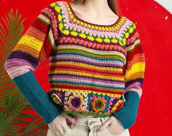 Colorful Daisy Knit Sweater, Crochet Floral Sweater, Crochet Flowers Top , Crochet Sweater for Women, Boho Style Sweater