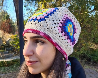 Crochet Beanie, Granny Square Beanie, Pink Crochet Hat, Knit Afghan Beanie, Colorful Knitted beanie , Multicolour Beanie