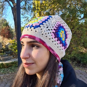 Gorro de ganchillo, Gorro cuadrado de la abuela, Sombrero de ganchillo rosa, Gorro afgano de punto, Gorro de punto colorido, Gorro multicolor