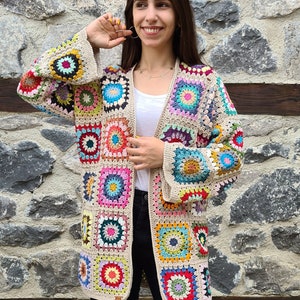 Granny square afghan cardigan, Crochet afghan sweater, ecru patchwork cardigan, boho coat, crochet cardigan, unique cardigan, crochet coat