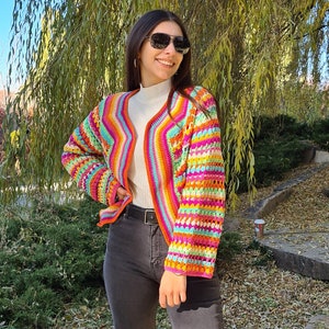 Fall outfits Colorful Crochet Jacket, Crochet Top, Crop Jacket for women, Granny Square Cotton Sweater, Knit Patchwork Jacket