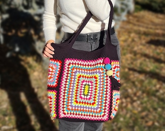 Black Crochet Shoulder Bag, Grannysquare Colorful Bag, Cute Crochet Purse, Knitted Tote Bag, Knit Afghan Bag, Crochet Handmade,