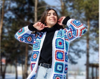 Crochet Cardigan Blue White Color, Winter Woman Coat, Granny Square Jacket, Patchwork Jacket, Cotton Coat, Knitted Crochet Coat, Gift Her