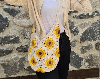 Crochet Crossbody Sunflower Bags, Shoulder HandKnit Daisy Bag, Granny Square Bag, Crochet Bag, Flower Bag, Crochet Purse