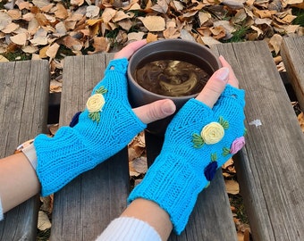 Blue Crochet Fingers Gloves, Knitted floral winter gloves, Half Finger Gloves, Womens Gloves, flower fingerless, Christmas gift for her