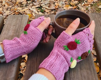 Ready to Ship Crochet Gloves fingerless, rose gold knitted winter gloves, Half Finger floral Gloves, Womens Gloves, flower fingerless