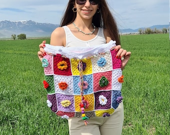 Colorful Daisy Crochet Bag, Granny Square Knit Bag, Shoulder Bag, Boho Bag, Crochet Purse, Christmas Gift