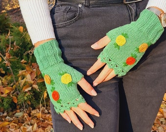 Ready to ship Crochet Green Gloves fingerless, floral knitted winter gloves, Half Finger floral Gloves, Womens Gloves, flower fingerless