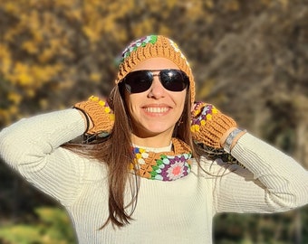 Ready to ship Mustard Granny square Fingerless Gloves, Knitted Winter Accesory Set, Handmade Knit Beanie, Grannysquare Collar