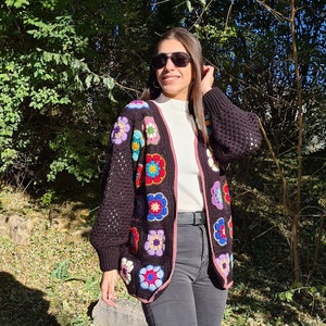 Black Crochet Afghan Cardigan, Granny Square Colorful Jacket, African Flowers Patchwork Jacket, Knitted Crochet Coat, Boho Cardigan
