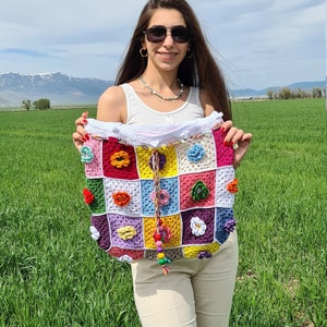 Colorful Daisy Crochet Bag, Granny Square Knit Bag, Shoulder Bag, Boho Bag, Crochet Purse, Christmas Gift