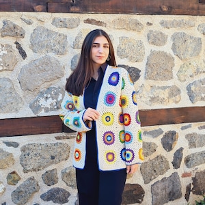 Granny square afghan cardigan, Crochet afghan sweater, ecru patchwork cardigan, boho coat, crochet cardigan, women cardigan, crochet coat
