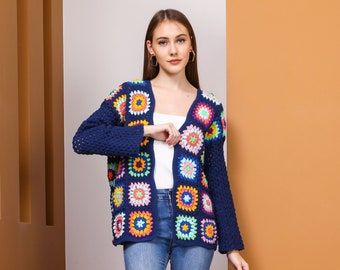 Ready to ship Blue Crochet Cardigan, Patchwork cardigan Women, Grannysquare Afghan cardigan, Knit jacket, crochet handmade, crochet coat