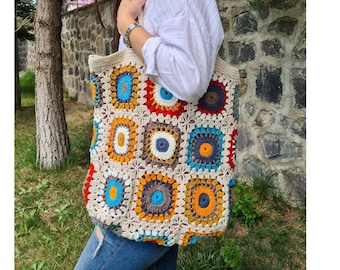 Crochet Bag Afghan, Granny Square Ecru Bag, Shoulder Hobo Bag, Boho Bag, Crochet Purse, Retro Bag, Hippie Bag, Afgan Crochet, Vintage Style