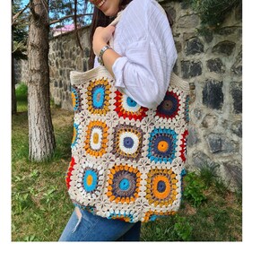 Crochet Bag Afghan, Granny Square Ecru Bag, Shoulder Hobo Bag, Boho Bag, Crochet Purse, Retro Bag, Hippie Bag, Afgan Crochet, Vintage Style