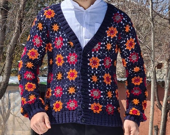 Crochet Men Sweater, Afghan Crochet Cardigan, Hand Knitted Cardigan, Granny Square, Jacket Sweater, Vintage Cardigan, Boho Style