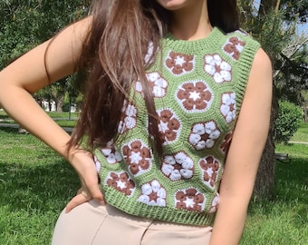 Groene Daisy gehaakte vesten, Festival vest, oma Square Boho top, gebreide patchwork trui, gebreide haak, Boho stijl trui