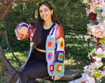 Cárdigan de lana de mujer colorido de ganchillo, abrigo afgano de patchwork cuadrado de la abuela, chaqueta de punto, chaqueta de ganchillo boho, abrigo de algodón hippi