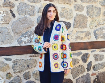 Oma quadratische afghanische Strickjacke, gehäkelte afghanische Strickjacke, ecru Patchwork Strickjacke, Boho Mantel, Häkeljacke, Frauen Strickjacke, Häkelmantel