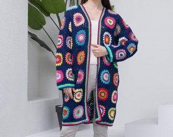 Ready to ship Blue Crochet Patchwork Cardigan, Woman Knitted Jacket, women long Tunic, Cardigan sweaters women, Afghan Crochet, Summer Knit