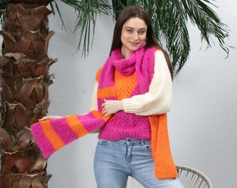 Ready to ship Orange Pink Wool Crochet Sweater Women, Colorful Crochet Boho Top, Knitted Crochet Sweater, Knitted Woman Sweater